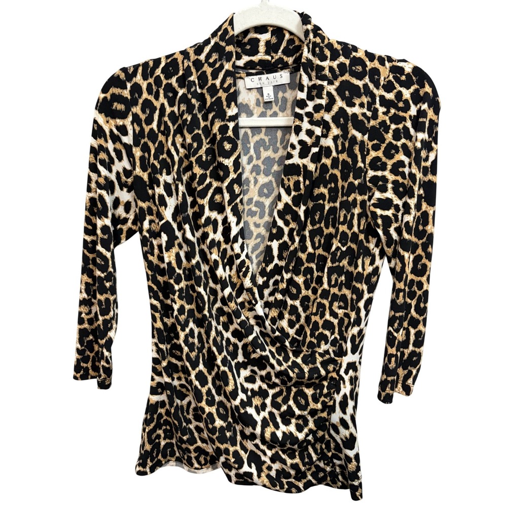 Chaus Wrap Style Cheetah Print Blouse 3/4 Sleeve Stretchy Women's Size Small